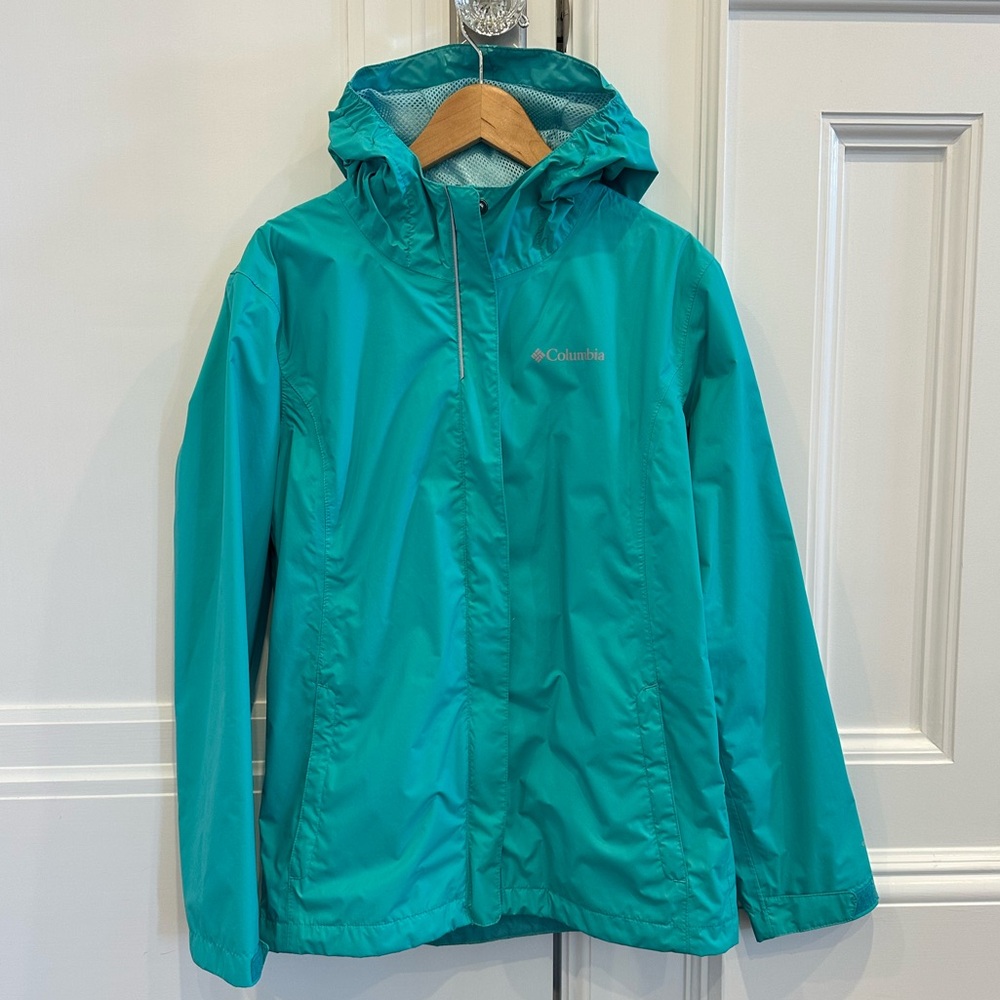 Columbia Girls' Arcadia Hooded Rain Jacket in Teal, Size L (14/16)